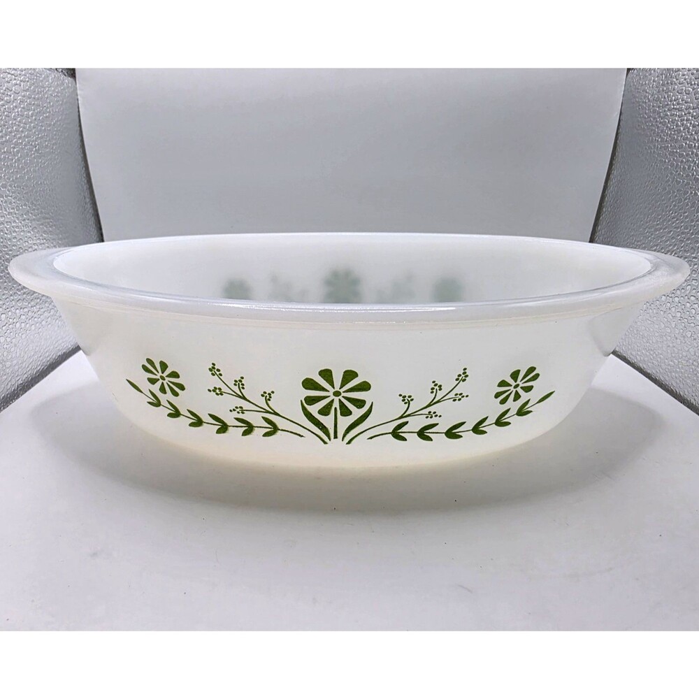 Vintage Glasbake 279 White Milk Glass Oval Casserole Dish Green Floral Daisy